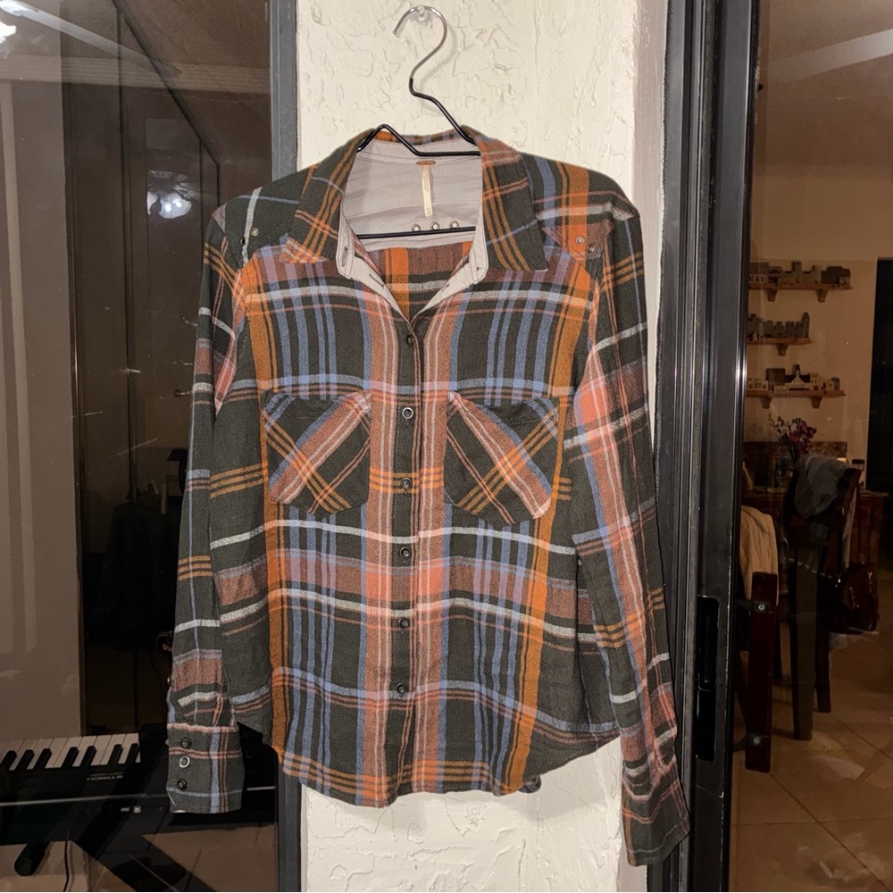 Free People Plaid Shirt Jacket in Olive, Rust & Blue